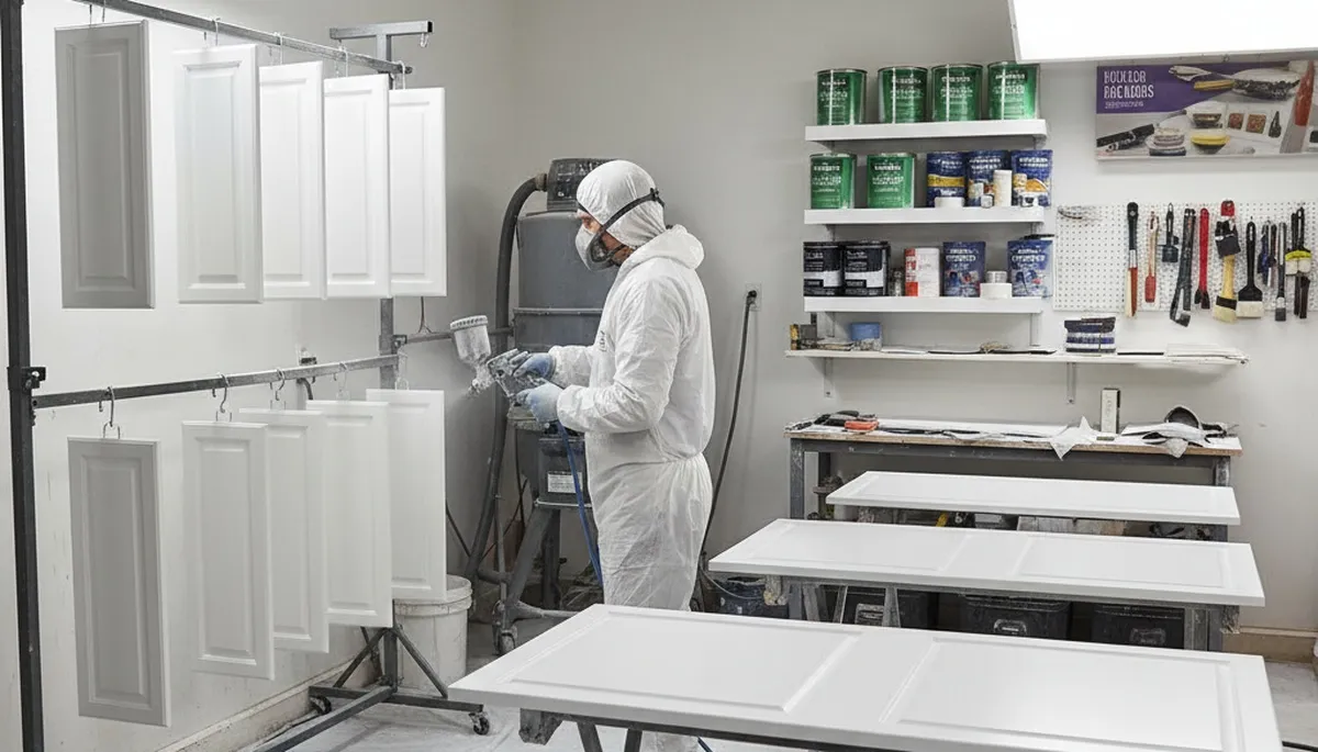 Professional cabinet painting process in Bloomington IN with spray finish for smooth, durable kitchen surfaces