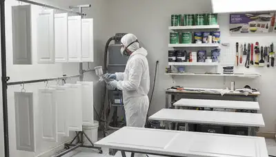 Professional cabinet painting process in Bloomington IN with spray finish for smooth, durable kitchen surfaces