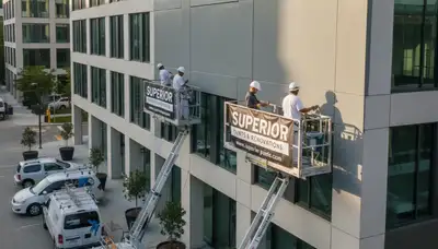 Professional commercial painters finishing office exterior in Bloomington, IN