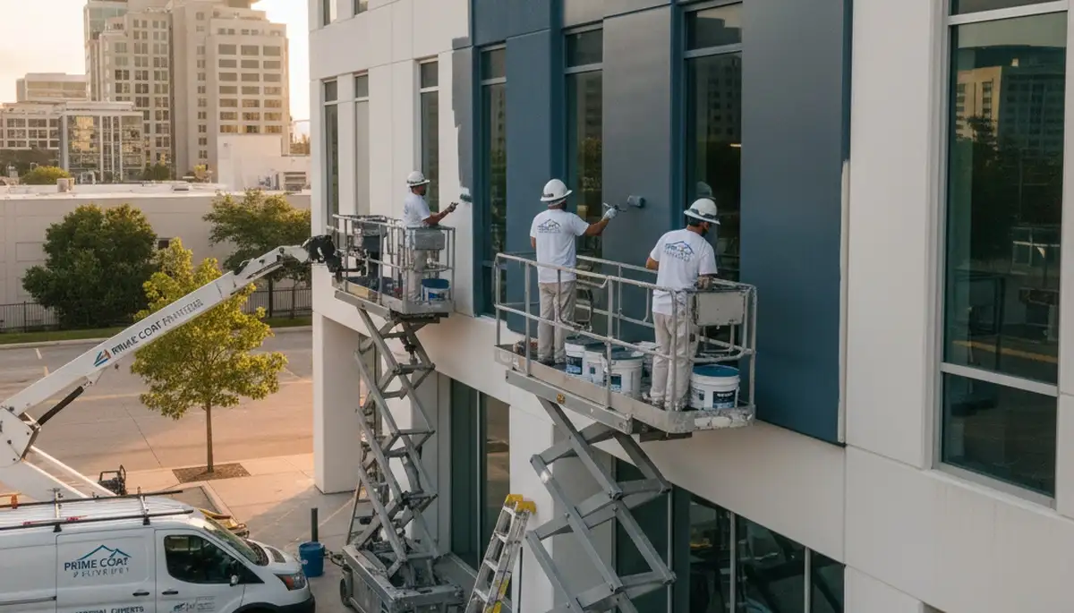 Professional commercial painters working on an office building exterior in Bloomington, IN