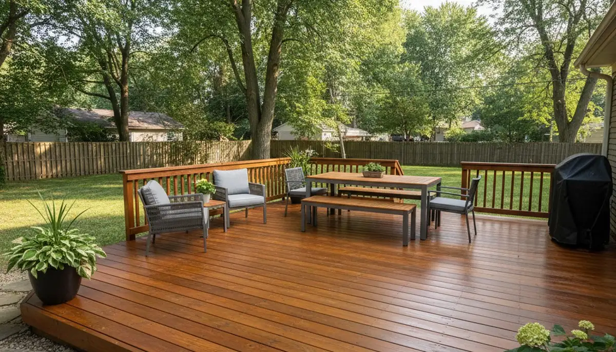 Finished deck staining in Bloomington IN showing restored wood and expert weatherproof painting results