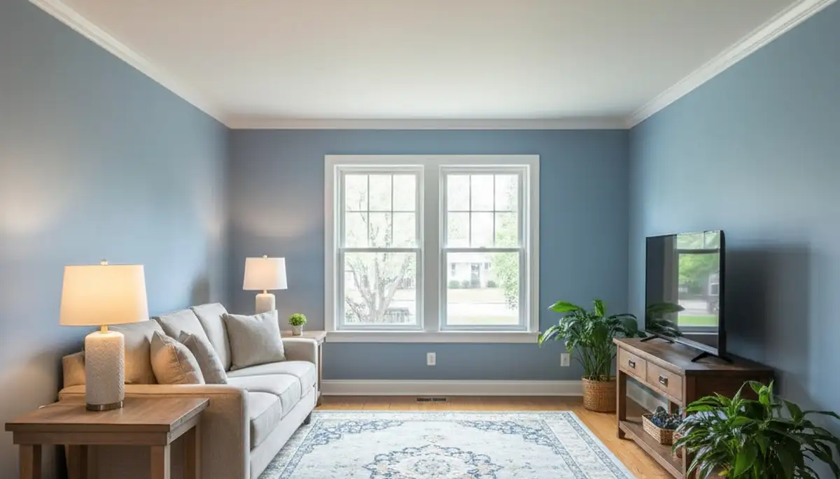 Freshly painted Bloomington, IN living room with smooth, professional interior finishes and modern colors