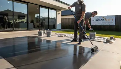 Professional concrete staining on residential patio in Bloomington, IN by expert floor painters