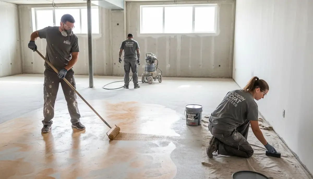 Professional concrete staining on residential patio in Bloomington, IN by expert floor finishers