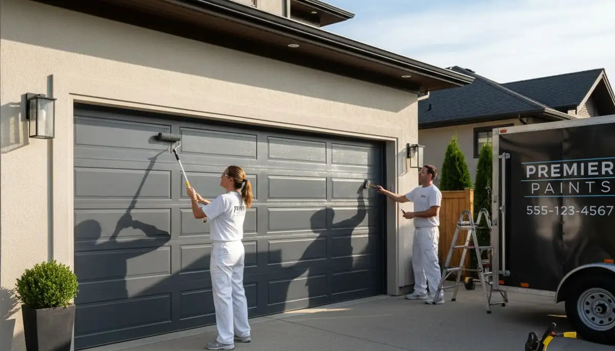 Professional painters refinishing a garage door in Bloomington, IN with weather-resistant paint