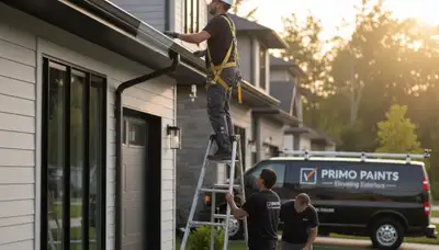 Professional gutter painting on a Bloomington IN home exterior by expert house painters
