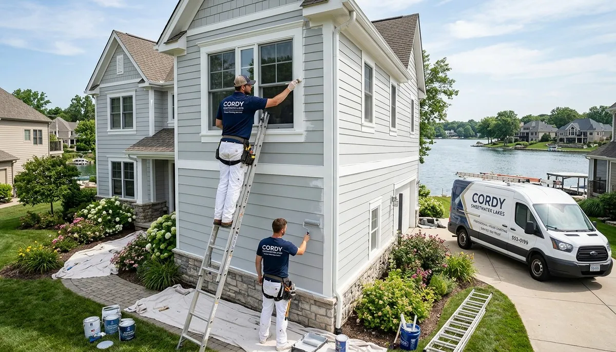 Professional house painters working on residential exterior in Bloomington, IN