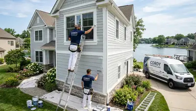 Professional house painters working on residential exterior in Bloomington, IN