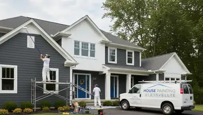 Professional house painters working on residential exterior in Bloomington, IN