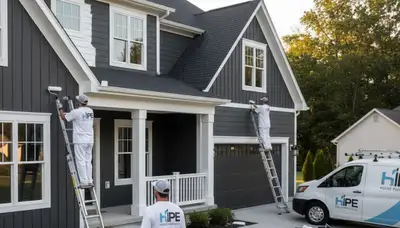 Professional house painters working on residential exterior in Bloomington, IN