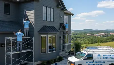 Professional house painters in Bloomington, IN painting a home's exterior trim and siding
