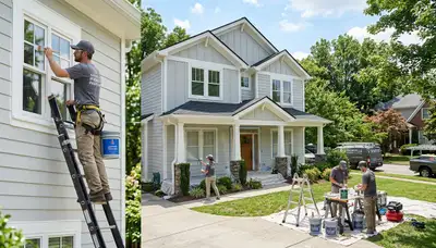 Professional house painters in Bloomington IN preparing exterior home for fresh paint