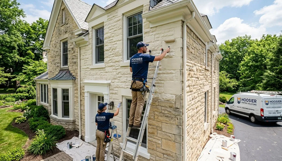 Professional house painters working on residential exterior in Bloomington IN