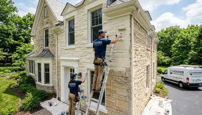 Professional house painters working on residential exterior in Bloomington IN