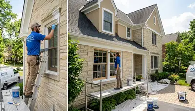 Professional house painters working on residential exterior in Bloomington IN