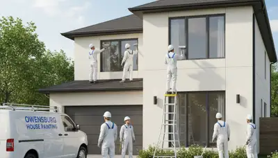 Professional house painters in Bloomington, IN applying exterior paint on a residential home