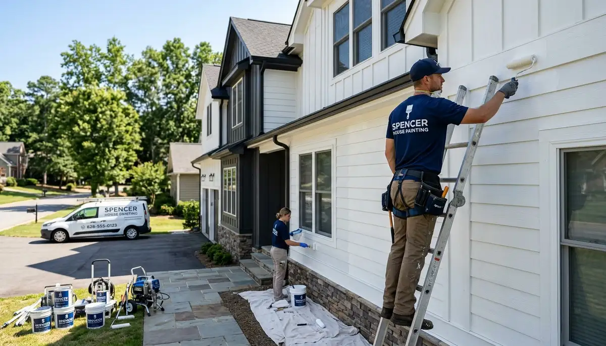 Professional house painters improving home exterior in Bloomington, IN