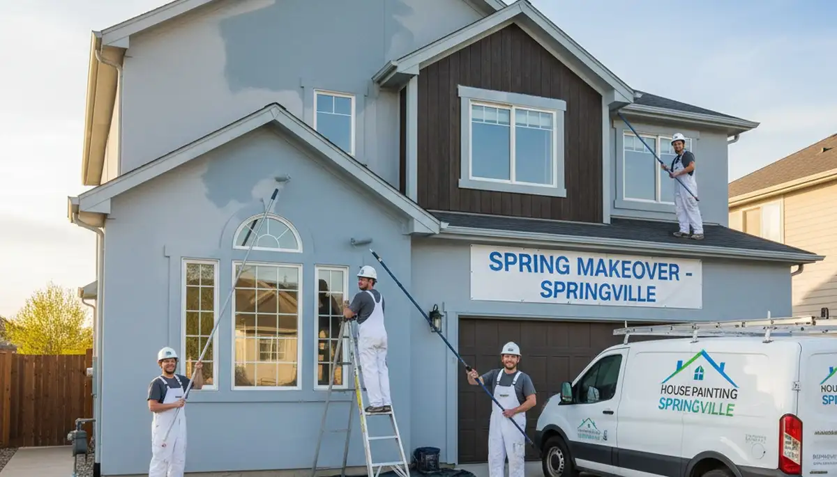 Professional house painters in Bloomington, IN applying exterior paint on a home