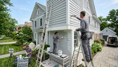 Professional house painters working on residential exterior in Bloomington IN