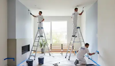 Professional interior house painters finishing living room walls in Bloomington, IN