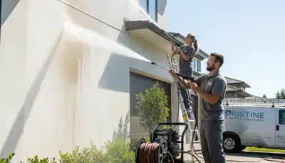 Professional pressure cleaning on Bloomington IN home exterior removing dirt, pollen, and limestone stains