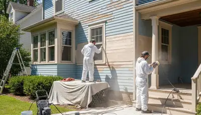Professional painters preparing exterior home surface for new paint in Bloomington, IN