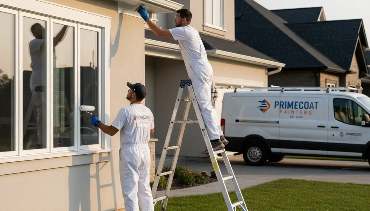 Professional trim and fascia painting on a Bloomington IN home exterior by expert house painters