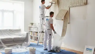 Professional wallpaper removal by house painters in Bloomington, IN preparing walls for new paint