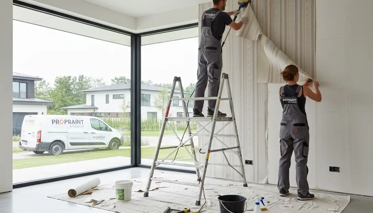 Professional wallpaper removal by house painters in Bloomington, IN preparing walls for new paint